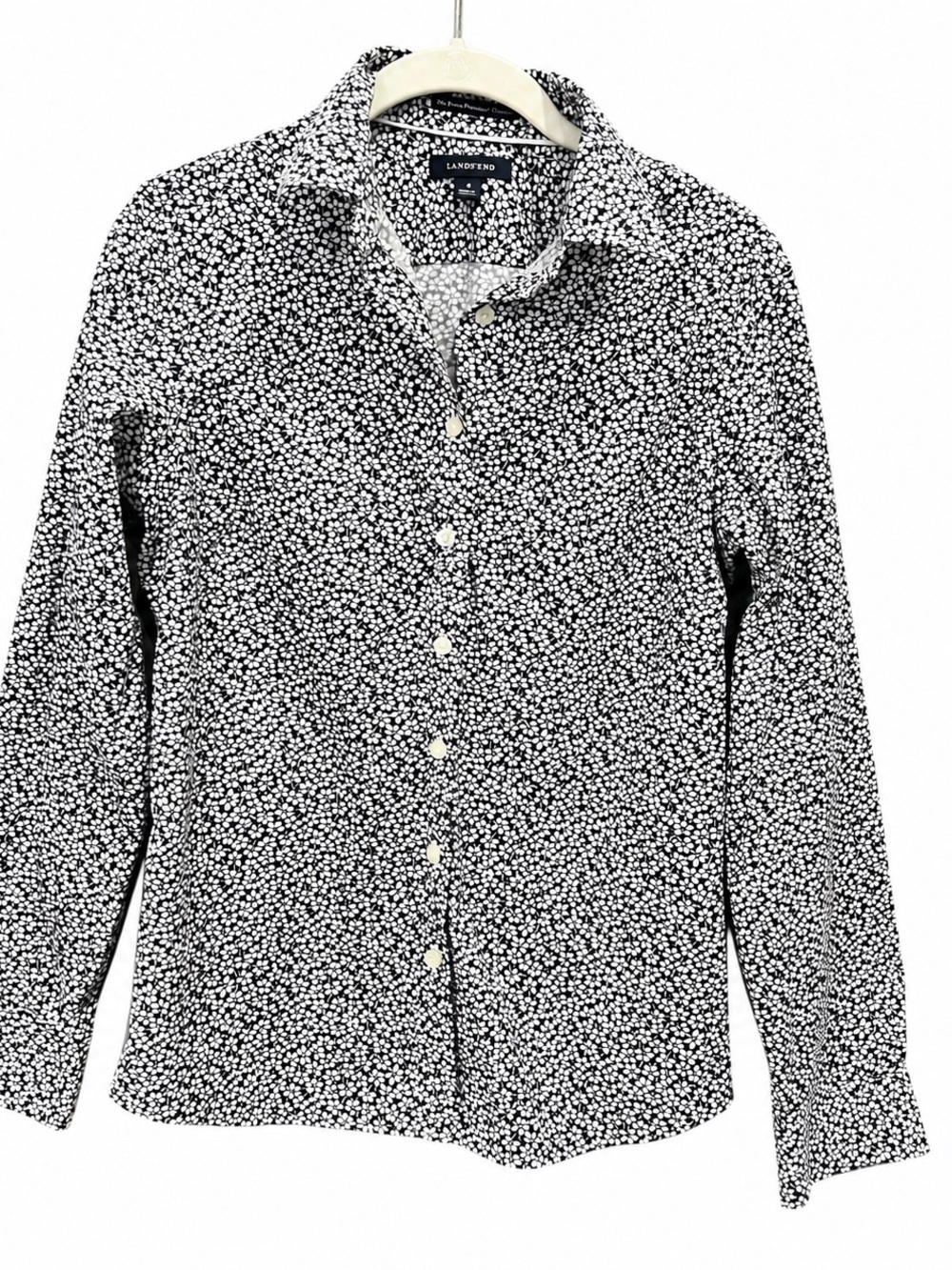 Lands' End Navy White Floral No Iron Pinpoint Oxford Button Down Shirt Size 6